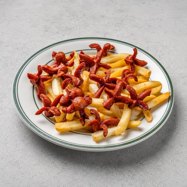 Salchipapas Con Papas Fritas / Hot Dog with French Fries.