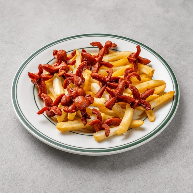 Salchipapas Con Papas Fritas / Hot Dog with French Fries.