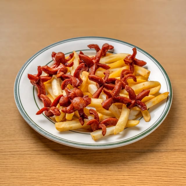 Salchipapas Con Papas Fritas / Hot Dog with French Fries.