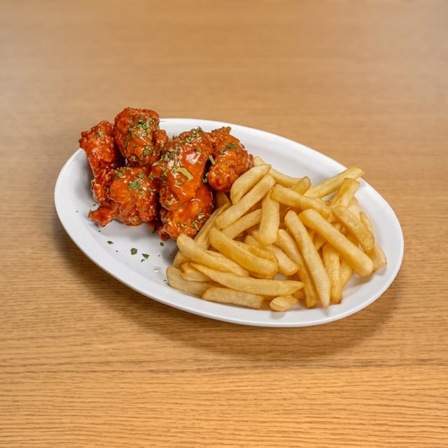 Alitas Picantes De Pollo Con Papas Fritas/ Chicken Hot Wings with French Fries.