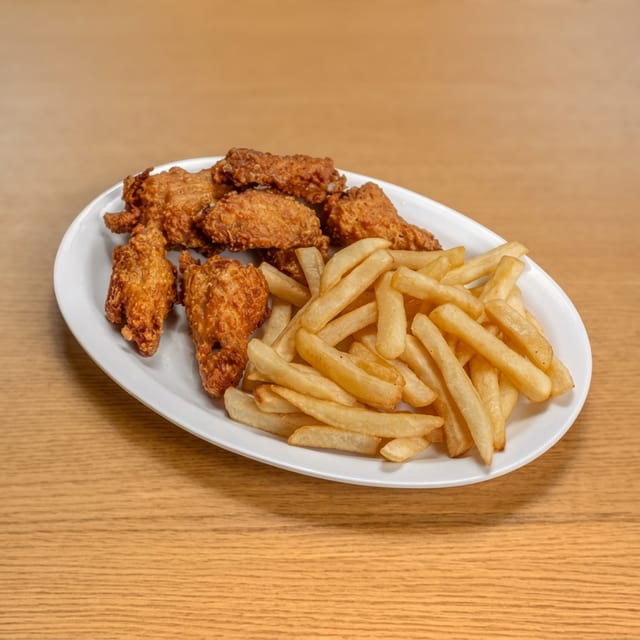Alitas De Pollo Con Papas Fritas / Chicken Wings with French Fries.