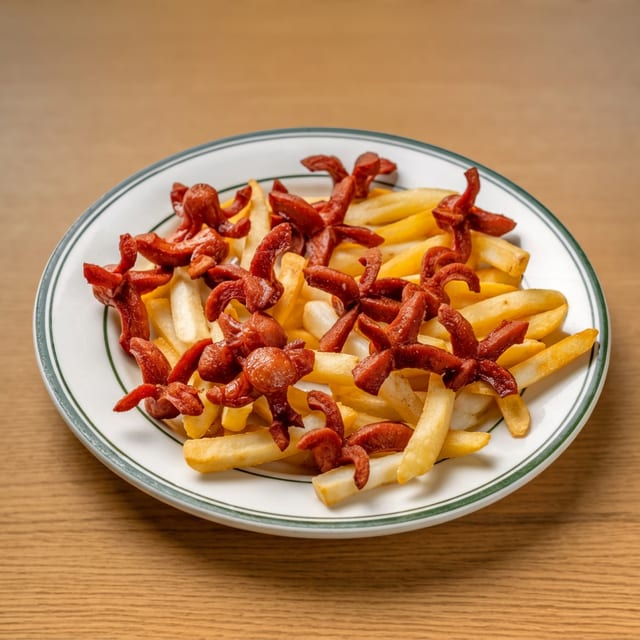 Salchipapas Con Papas Fritas / Hot Dog with French Fries.