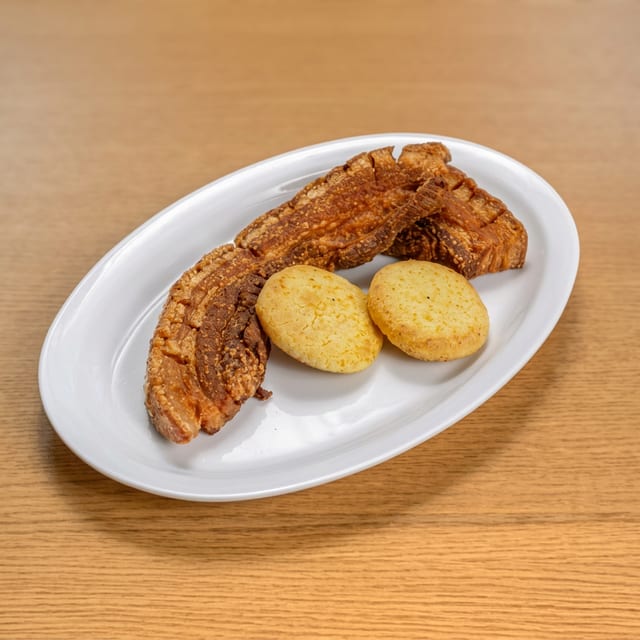 Chicharrón Con Arepa / Fried Pork Belly with Corn Cake.