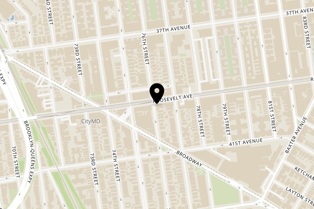 Map showing the location of Los Arrieros Restaurant Flushing on 76-02 Roosevelt Avenue in Flushing